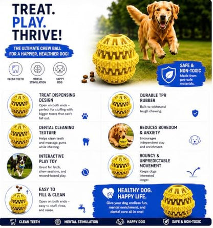 Rubber Dog Chew Toy Ball, Blue and Yellow, Bite-Resistant, Interactive Teeth Cleaning, Hidden Food Treat Dispenser for Dogs (Yellow) - Image 2