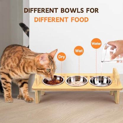 Bamboo Elevated Cat Bowls, 3 Stainless Steel Raised Cat Bowl with Stand, 15°Tilted Cat Feeding Station, Cat Food and Water Bowl Set for Small Cats, Anti Vomitting, Whisker Fatigue (Natural) - Image 5