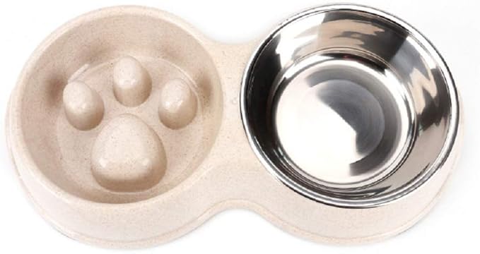 Slow Feeder Dog cat Double Bowl Stainless Steel and Anti-Choking White