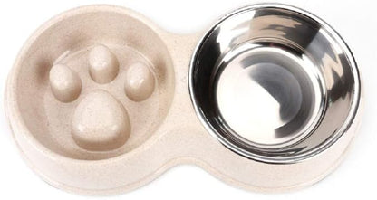 Slow Feeder Dog cat Double Bowl Stainless Steel and Anti-Choking White