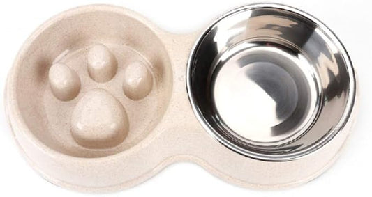 Slow Feeder Dog cat Double Bowl Stainless Steel and Anti-Choking White