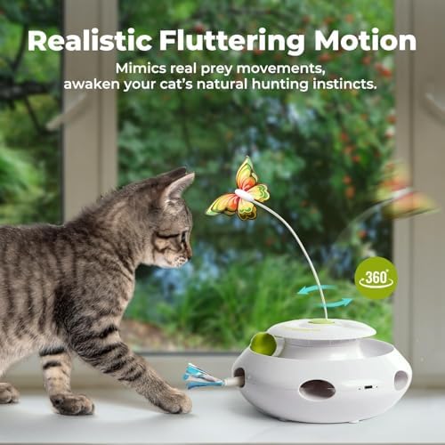 ALL FOR PAWS 3 in 1 Interactive Butterfly Flutter Cat Toy with Rolling Balls, Automatic Kitten Spinner Toys, Popping Feather Toy, Mental Stimulation for Indoor Cats, USB Rechargeable - Image 3