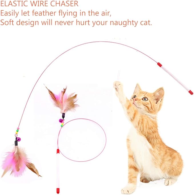 Cat Feather Toy, 5 Pack Interactive Pet Kitten Chaser Teaser Wire Wand with Bell Beads for Cat Exercise Play Fun Gifts - Wholesale