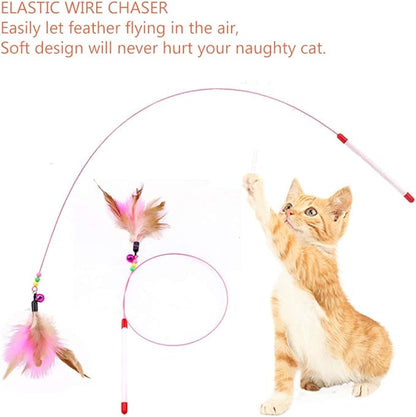 Cat Feather Toy, 5 Pack Interactive Pet Kitten Chaser Teaser Wire Wand with Bell Beads for Cat Exercise Play Fun Gifts - Wholesale