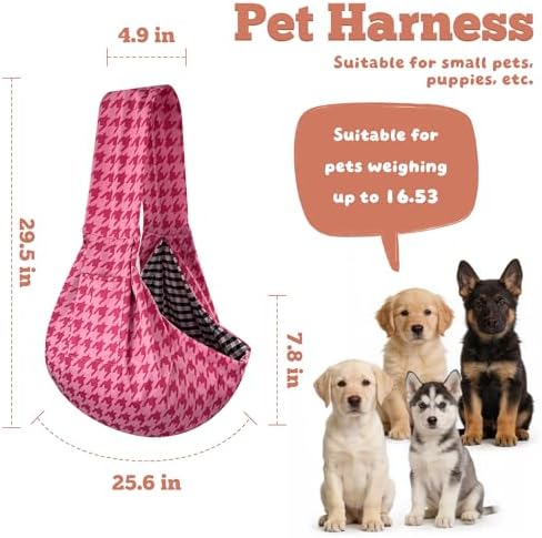 Dog Sling Carrier for Small Dogs and Cats 5–16 lbs, Puppy Carrier Sling with Safety Hook and Storage Pocket, Hands Free Pet Carrier Purse for Travel, Walking, Shopping (Pink Houndstooth) - Image 2