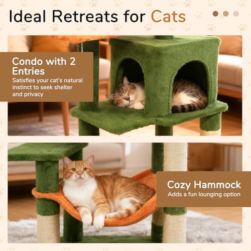 DORTALA Cat Tree for Indoor Cats, 44" Modern Cat Tower with Top Perch, Condo, Hammock, Sisal Scratching Posts, Dangling Balls, Platforms, Multi-level Pet Climbing Furniture Playground (Green & Orange) - Image 3