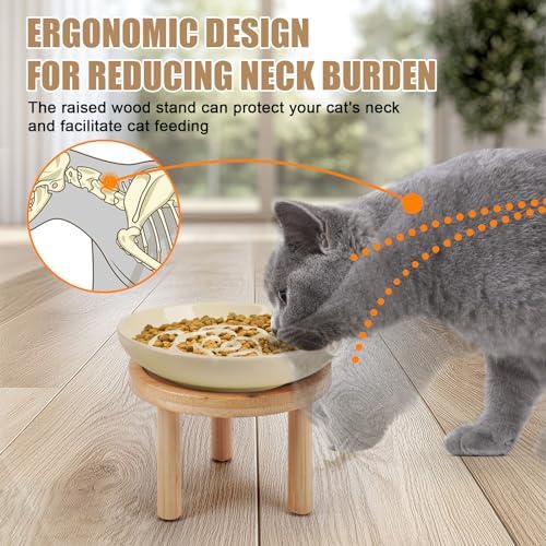 Elevated Slow Feeder Cat Bowls, Ceramic Cat Slow Feeder Bowl with Bamboo Stand, 5.9 Inch Wide Shallow Cats Bowl Whisker Friendly, Anti Vomiting Puzzle Feeder for Dry or Wet Food Dishwasher Safe - Image 2