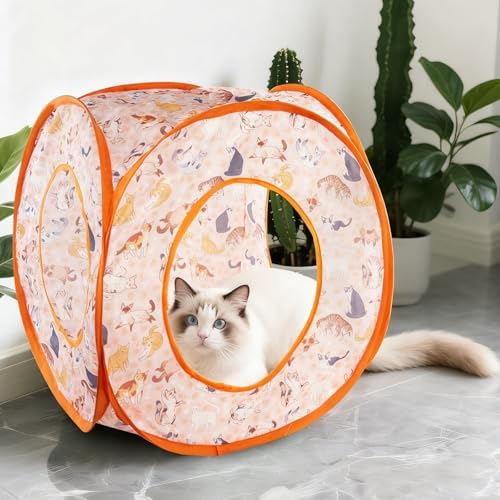 Andiker Cat Tent, 3 Holes Safe and Strong Cute Cats Tunnel Collapsible Easy to Carry Cat House for Indoor Cats Kittens Hiding Playing Training Sleeping (Square Orange) - Image 6