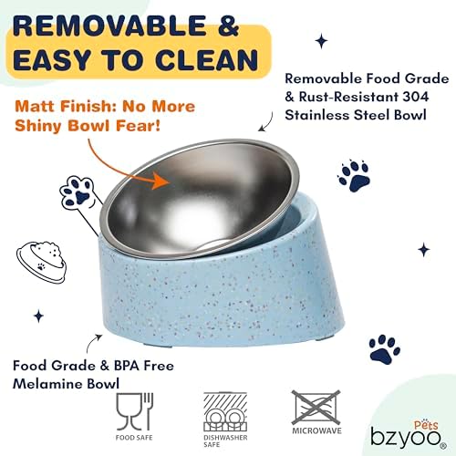 bzyoo 16oz Tilted Dog Bowl for Small Dogs & Cats, 15° Elevated Stainless Steel Pet Feeder, Ergonomic Anti-Vomiting Food Bowl for Frenchie, Pug, Persian Cat, Non-Skid Melamine Stand, Sprinkle (Blue) - Image 4