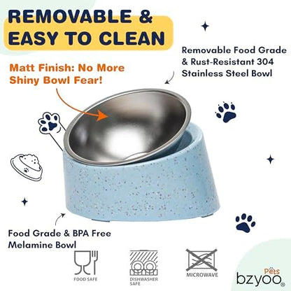 bzyoo 16oz Tilted Dog Bowl for Small Dogs & Cats, 15° Elevated Stainless Steel Pet Feeder, Ergonomic Anti-Vomiting Food Bowl for Frenchie, Pug, Persian Cat, Non-Skid Melamine Stand, Sprinkle (Blue) - Image 4