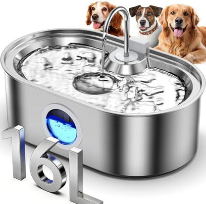 4.2Gal Extra Large Dog Water Fountain, 16L Stainless Steel Pet Water Fountain for Large Dogs, No Spill Dog Water Bowl Dispenser with Deeper Wider Bowl, 68-Cup Water Tank for Multi-Pet by DCIOGAT