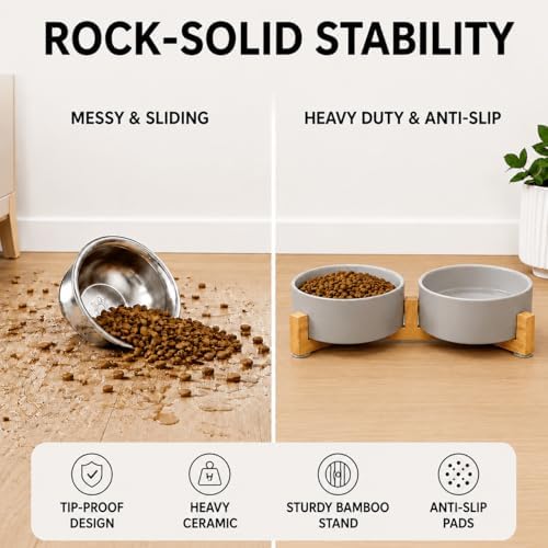 SPUNKYJUNKY Ceramic Dog and Cat Bowl with Wood Stand Non-Slip Matte Glaze Weighted Food Water Set for Cats &Small Dogs 13.5OZ - Image 3