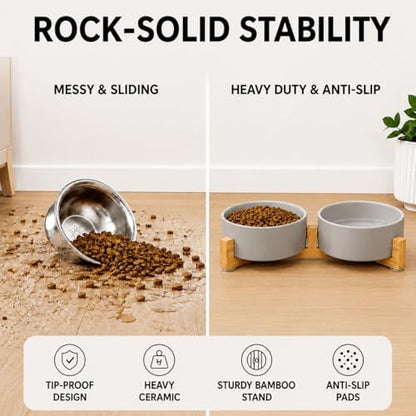 SPUNKYJUNKY Ceramic Dog and Cat Bowl with Wood Stand Non-Slip Matte Glaze Weighted Food Water Set for Cats &Small Dogs 13.5OZ - Image 3