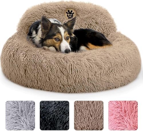 PetJett Calming Medium Dog Bed - 30'' Round Dog Beds - Washable Dog Bed - Anti-Slip Super Soft Fluffy Plush Donut Bed, Anti-Anxiety Premium Comfort Pet Bed, Fits Dogs up to 45 lbs - Beige by PETJETT