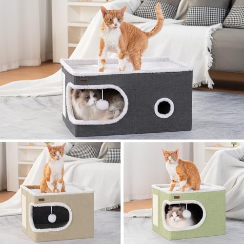Garnpet Cat Bed for Indoor Cats Cube House, Covered Cat Cave Beds & Furniture with Scratch Pad and Hideaway Tent, Cute Modern Cat Condo for Multi Small Pet Large Kitten Kitty, Large, Green - Image 3