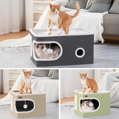 Garnpet Cat Bed for Indoor Cats Cube House, Covered Cat Cave Beds & Furniture with Scratch Pad and Hideaway Tent, Cute Modern Cat Condo for Multi Small Pet Large Kitten Kitty, Large, Green - Image 3