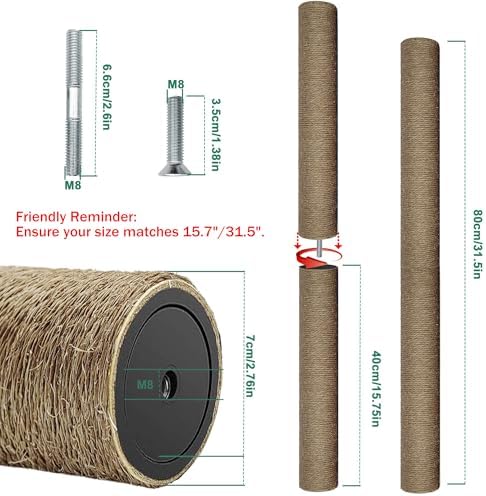 Cat Scratching Post Replacement Pole, 2 PCS 15.7in Cat Tree Replacement Post, Natural Sisal Cat Tree Replacement Parts with M8 Screws (40cm/15.71inBrown, M8*2poles) - Image 2