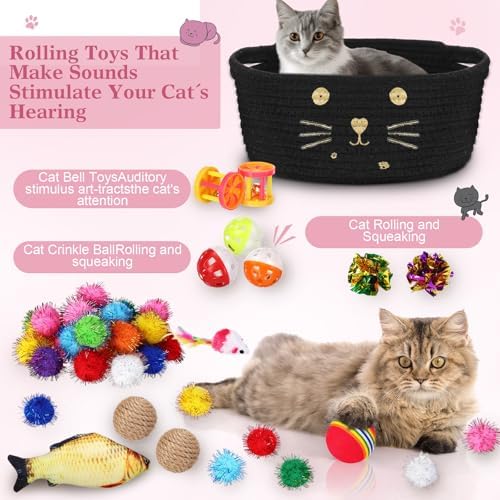 Zopeal 58 Pcs Cat Toy Set with Storage Basket Indoor, Black, 9.8 Inch - Image 3