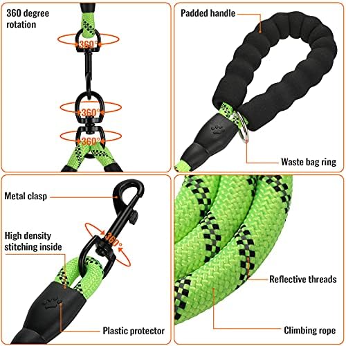 Double Dog Leash Reflective Detachable Coupler &360° Swivel Tangle Free, Heavy Duty Rope Leash Control with Padded Handle for Dual Large Medium Dogs Walking Running Training (Ligth Green) - Image 3