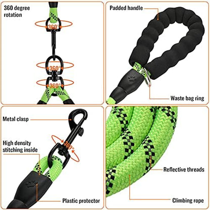 Double Dog Leash Reflective Detachable Coupler &360° Swivel Tangle Free, Heavy Duty Rope Leash Control with Padded Handle for Dual Large Medium Dogs Walking Running Training (Ligth Green) - Image 3