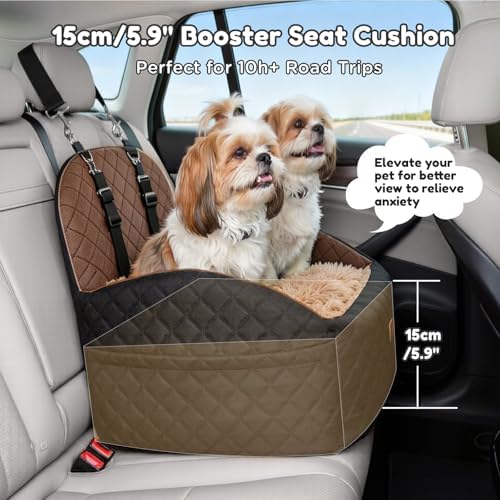 Gimars Reversible Dog Car Seat with Long&Short Plush Seat Cushion for Small/Medium Dogs Up to 40lbs, Detachable Washable Anti-Slip Dog Booster Seat with 5.9'' 28D Egg-Crate Foam Safety Belt, S​-Brown - Image 2