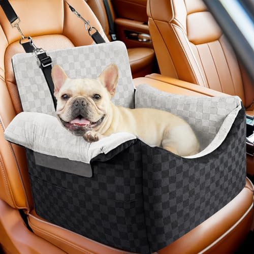 BONTHEE Elevated Dog Car Seat for Small Medium Dogs Under 30 lbs, Memory Foam Elevated Booster Seat with Headrests Support, Travel-Safe Car Bed with Detachable Washable Cover & Safety Belt by BONTHEE