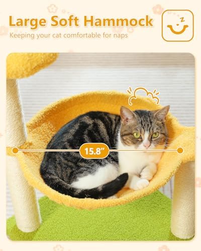 MUTTROS 28" Flower Cat Tree Cute with Flower Top Perch, Large Hammock for Indoor Small Cats, Small Cat Tower with Cute Scratching Post and Fur Toy Ball for Kittens, Yellow - Image 3