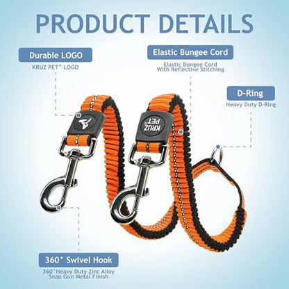 Kruz Double Dog Leash for Two Dogs (Width - 5/8”, Length 14”-27”) Dual Leash Coupler with Tangle-Free Swivel, Shock-Absorbing Reflective Bungee for Comfortable Walking & Training (Orange, Small) - Image 2