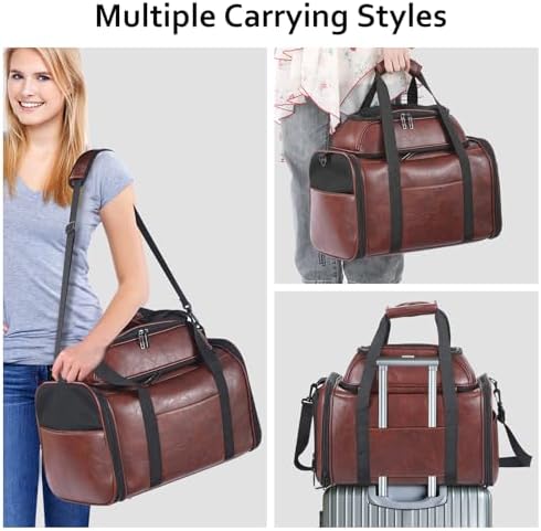 Premium Leather Top Expandable Pet Carrier for Small Dogs & Cats Under 15 lbs, Airline Approved Collapsible Soft-Sided Luxury Travel Bag Coffee - Image 5