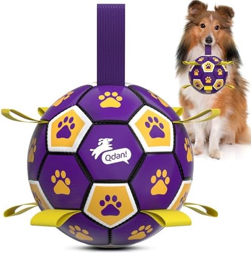 QDAN Dog Ropes Toys, Soccer Ball with Straps, Interactive Dog Toys for Tug of War, Dog Water Toy, Durable Balls for Medium Large Dogs（8 Inch） by QDAN