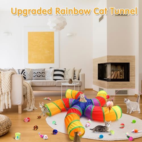 Poen 21 Pcs Cat Tunnel for Indoor Set Collapsible 5 Way Tubes with 20 Pcs Cat Kitten Toys Interactive Feather Toy Mouse Crinkle Balls Tube for Puppy Kitten Rabbit(Colorful) - Image 4