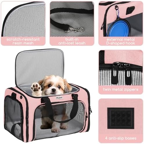 Pet Carrier for Cats & Small Dogs, Travel Carrier with Anti-Collapse Support, Chew Resistant Buckles, Luggage Sleeve, Multi-Pocket Storage, Reversible Mat & Bowl (Pink, Medium (17.5"x11"x11.5")) - Image 4