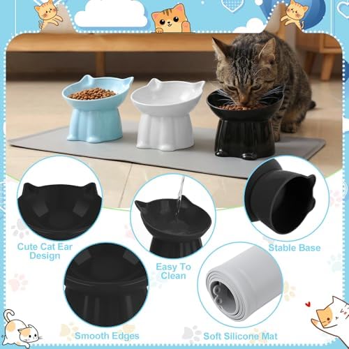 3 Pcs Elevated Cat Bowls 15°Raised Cat Food Bowl with Silicone Mat Blue - Image 3