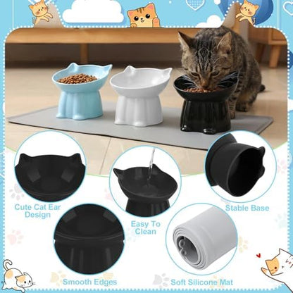 3 Pcs Elevated Cat Bowls 15°Raised Cat Food Bowl with Silicone Mat Blue - Image 3