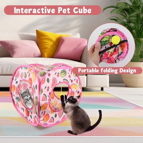 Andiker Small Cat Tents for Indoor Cats, Summer Fruit Patten 15" Foldable Cat Tube with 1 Plush Ball and 3 Holes Kitten Hide-and-Seek Toy to Relieve Boredom Also for Kitten Rabbits (Pink) - Image 4