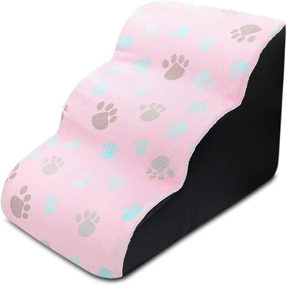 Pet Stairs, 3-Steps Dog Stairs, Removable and Washable Dog Stairs with Slope Steps and Non-Slip Bottom, Soft and Comfortable Dog Ramp(Pink-Paw)