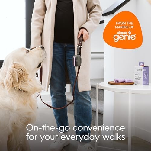 Pet Genie - On-the-Go Dog Poop Bag Dispenser for Leash - Compact & Easy to Use Device for Pet Supplies with 2-Point Secure Attachment, Includes 1 Roll (15 count) of Scented Poop Bags, (Lavender Scent)