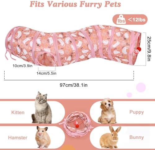 Pawaboo Cat Tunnel Tube S-Shaped, 25x97cm, Pink Kitties - Image 6