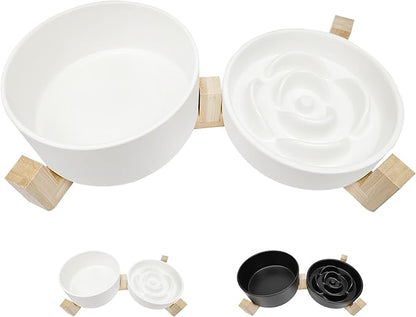 Ceramic Slow Feeder Dog Bowl Set-1 Cup Puzzle Dog Food Bowl & 850ML Water bowl with wooden stand for small dogs, Anti-Gulping,Anti-chewing,Anti-Slip,White