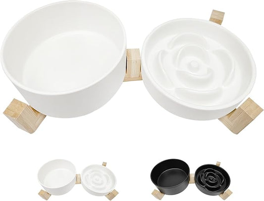 Ceramic Slow Feeder Dog Bowl Set-1 Cup Puzzle Dog Food Bowl & 850ML Water bowl with wooden stand for small dogs, Anti-Gulping,Anti-chewing,Anti-Slip,White