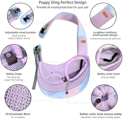 Cuby Pet Sling Carrier for Small Dogs Cats,Adjust Drawstring & Zipper Security Hook Triple Designs for Pets' Securty Dog Bag,Breathable Travel Pet Puppy Sling Carrier (Purple, M (5-10 lbs)) - Image 4