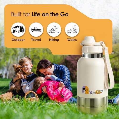 Dog Water Bottle Portable (32Oz) Double-Wall Insulated Stainless Steel with 2 Removable Bowls - Leak-Proof Dog Travel Water Bottle with One-Hand Open Lid for Walking, Hiking & Travel (White) - Image 2