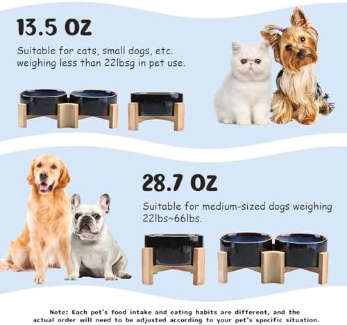 SPUNKYJUNKY 15° Slanted Ceramic Dog and Cat Bowl with Wooden Stand, Tilted Bulldog Food and Water Bowl No Slip Non-Spill for Cats Medium Dogs Big Face Pets 13.5 OZ (1.7 Cups, Starry Blue × 2) - Image 5