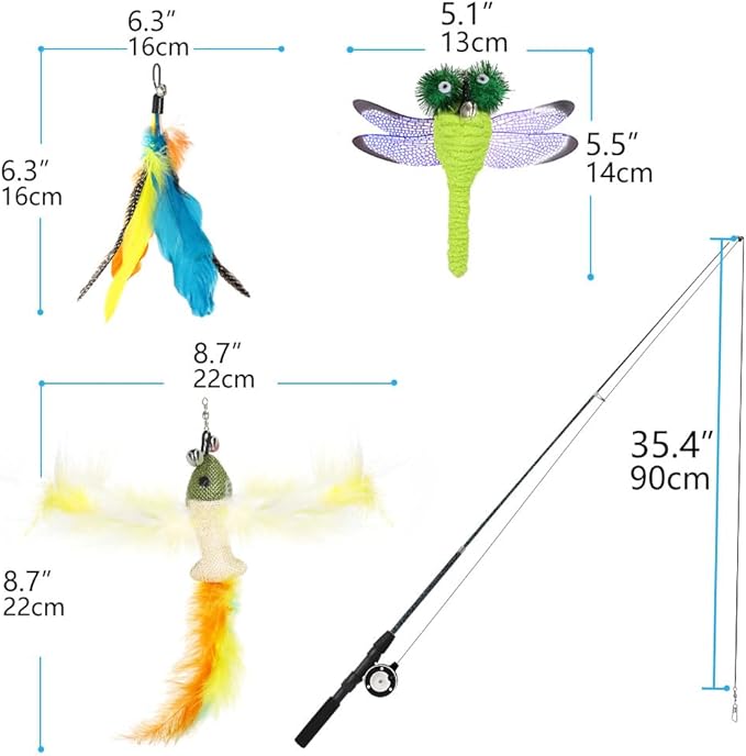 Pawaboo Cat Feather Toys, 4 Pack Interactive Cat Feather Teaser Wand Toys, Retractable Fishing Pole Wand Catcher Exerciser with Refill Fish, Dragonfly Worm with Bells, Blue Yellow Green