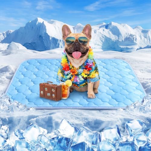 Pet Cooling Mats for Dogs, Cooling Pet Bed Outdoor & Indoor Use w Ice Silk Fabric & Waterproof Cover, Summer Cool Pad 29" x 18", Non-Slip Washable Pet Blanket for Crate Kennel Travel (Cryo Ice Blue) by Unknown