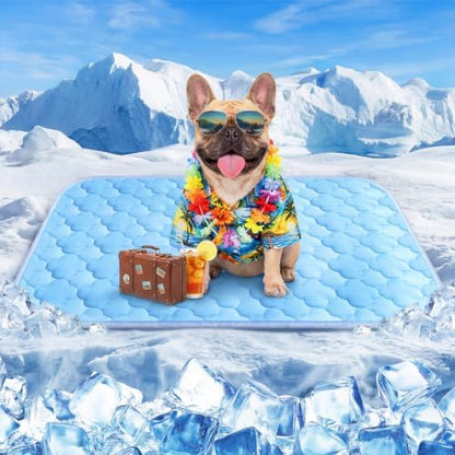 Pet Cooling Mats for Dogs, Cooling Pet Bed Outdoor & Indoor Use w Ice Silk Fabric & Waterproof Cover, Summer Cool Pad 29" x 18", Non-Slip Washable Pet Blanket for Crate Kennel Travel (Cryo Ice Blue) by Unknown