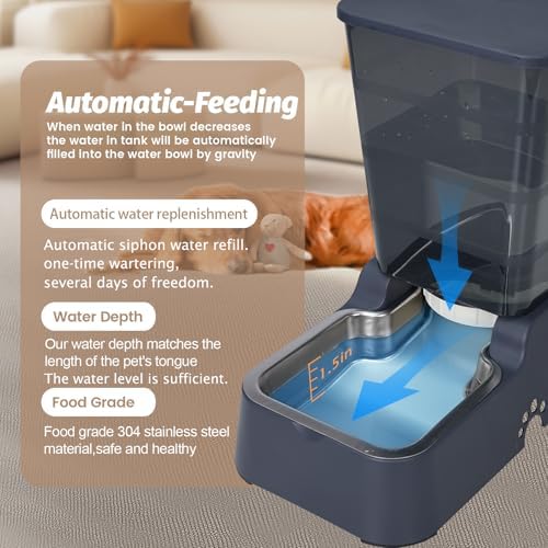 Automatic 5.4L/1.4Gal Pet Waterer, Automatic Dog Water Dispenser Gravity Stainless Steel Water Feeder, Large Capacity Feeding Bowls for Cats and Medium & Large-Sized Dogs (Black, Food+Water) - Image 3
