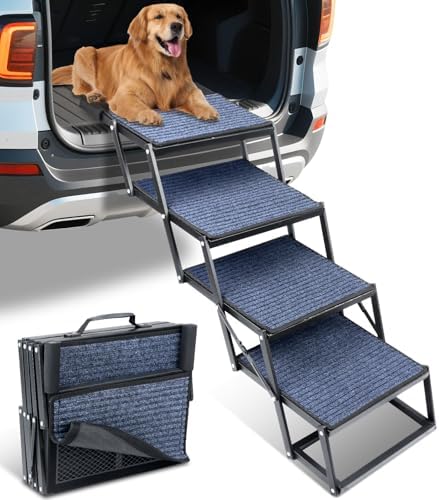 Dog Stairs for Car, 60''x 20'' Extra Wide Stairs for Large Dogs to 250 LBS, Portable Steps with Removable Non-Slip Surface, 4 Steps Foldable Dog Ramp for Car, SUV, High Bed/Couch by JTSIOV