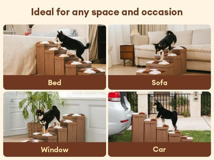 FUNNYFUZZY Dog Stairs for Small Dogs - 4 Steps Chessboard Plaid Handcrafted Dog Stairs with Storage - Multifunctional and Foldable, Brown