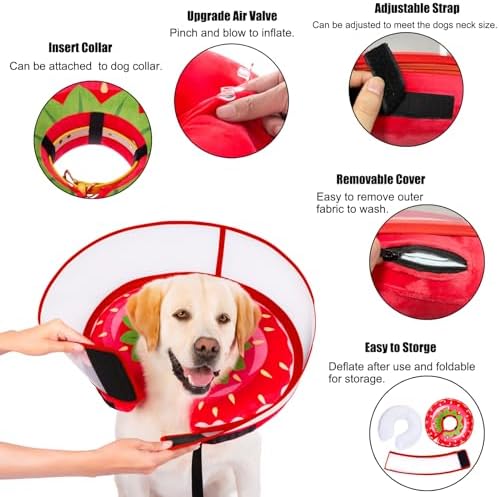 Inflatable Dog Cone Collar for Large Medium Small Dogs, Soft Dog Donut Collar Adjustable Recovery Cone for Pets After Surgery, Extra Enhanced Anti-Licking Guard Shield for Pets (Large, Strawberry) - Image 4